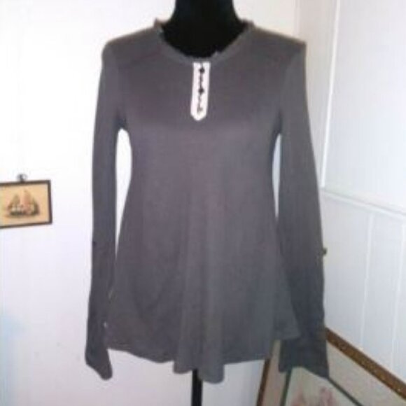 Anthropologie Thermal top waffle knit Multimedia boho Long sleeve solid + plaid - Picture 2 of 8